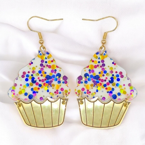 🆕️Colorful Trendy Cupcake Confetti Glitter Dangle Earrings 🎂🎉 Fun & Cute - Picture 1 of 12